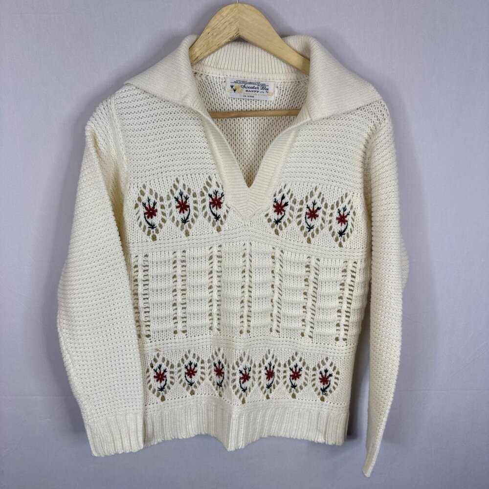 Vintage Hand Knit Floral Nordic‎ Sweater Women’s L Fits S/M Cream Crochet
